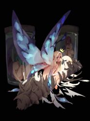 Rule 34 | 3girls, absurdres, bare back, black background, blonde hair, blue eyes, breasts, broken, butterfly wings, chinese commentary, cocoon, commentary request, completely nude, fairy, from behind, glowing, highres, in container, in jar, insect wings, koiking (liyuw099), long hair, looking at viewer, medium breasts, multiple girls, nude, on ground, original, serious, simple background, sitting, solo, wings