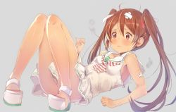 Rule 34 | 10s, 1girl, ahoge, bandages, bare shoulders, blush, brown eyes, brown hair, dark-skinned female, dark skin, dress, frown, full body, injury, kantai collection, libeccio (kancolle), long hair, lying, messy hair, on back, panties, pantyshot, shoes, simple background, skirt, sleeveless, sleeveless dress, solo, striped clothes, striped panties, sumisu (mondo), tears, twintails, underwear