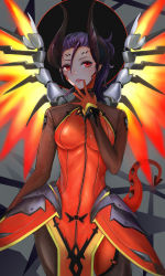 Rule 34 | 1girl, absurdres, bodysuit, breasts, cowboy shot, demon horns, demon tail, devil mercy, glowing, glowing wings, halo, high ponytail, highres, horns, looking at viewer, mechanical halo, mechanical wings, medium breasts, mercy (overwatch), mole, mole under eye, overwatch, overwatch 1, parted lips, purple hair, red eyes, red wings, slit pupils, solo, spread wings, staff, tail, wings, ytoy