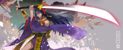 Rule 34 | 1boy, black hair, blue flower, character name, closed mouth, detached sleeves, fighting stance, floral background, flower, hair flower, hair ornament, highres, holding, holding sword, holding weapon, japanese clothes, jirou tachi, leaf, long hair, long sleeves, looking at viewer, male focus, ootachi, oshigoto boshuu, pink flower, smile, solo, standing, sword, touken ranbu, trap, weapon, wide sleeves, yellow eyes