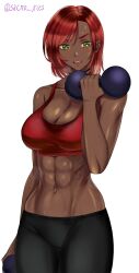 Rule 34 | 1girl, abs, arm at side, bare shoulders, black pants, breasts, cleavage, dark skin, dumbbell, exercising, highres, looking down, medium breasts, muscular, muscular female, navel, original, pants, parted bangs, parted lips, red hair, red sports bra, sacrokies, signature, simple background, sports bra, stained clothes, standing, sweat, tan, upper body, white background, yoga pants