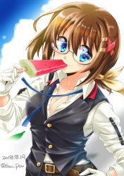 Rule 34 | 1girl, belt, bespectacled, black vest, blue eyes, blue ribbon, breasts, brown belt, brown hair, cleavage, closed mouth, cloud, cloudy sky, dated, dress shirt, eating, food, glasses, gloves, gold trim, grey-framed eyewear, hair ornament, hair ribbon, hairclip, hand on own hip, holding, holding food, long hair, looking at viewer, lyrical nanoha, mahou shoujo lyrical nanoha vivid, medium skirt, neck ribbon, outdoors, popsicle, ribbon, san-pon, semi-rimless eyewear, shirt, short hair, skirt, sky, smile, solo, standing, twitter username, unbuttoned, unbuttoned shirt, under-rim eyewear, untied, upper body, vest, watermelon bar, white gloves, white shirt, x hair ornament, yagami hayate, yellow ribbon