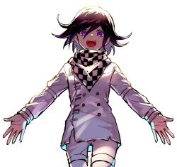 1boy arm_belt bandana bandana_around_neck black_hair buttons checkered_bandana checkered_clothes checkered_scarf coat commentary_request cowboy_shot danganronpa_(series) danganronpa_v3:_killing_harmony flipped_hair hair_between_eyes long_sleeves looking_at_viewer male_focus multicolored_buttons oma_kokichi open_mouth outstretched_arms pants purple_eyes purple_hair scarf short_hair simple_background solo teeth tongue two-tone_scarf un_tapoi white_background white_coat white_pants