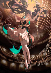 Rule 34 | 1girl, absurdres, armpits, arms up, conductor baton, black bow, black footwear, bow, closed mouth, elbow gloves, full moon, gloves, grey eyes, grey hair, hair ornament, hairclip, hatsune miku, high heels, highres, holding, indoors, kurohanesawa, long hair, miku symphony (vocaloid), moon, musical note, pleated skirt, sheet music, skirt, smile, solo, thighhighs, very long hair, vocaloid, white gloves, white skirt, white thighhighs