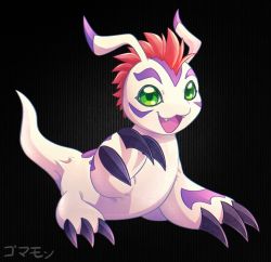 Rule 34 | animal focus, claws, digimon, digimon (creature), fangs, gomamon, green eyes, highres, mohawk, open mouth, red hair, short hair, shoupitsuki, striped, striped background, tail