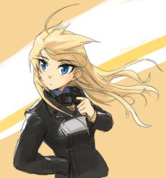 Rule 34 | 1girl, ahoge, blonde hair, blue eyes, goggles, hanna-justina marseille, highres, long hair, long sleeves, looking away, makaze (t-junction), military, military uniform, solo, strike witches, twitter username, uniform, wind, witches of africa, world witches series
