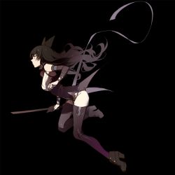 Rule 34 | 1girl, ankle boots, ask (askzy), black background, black footwear, black hair, blake belladonna, boots, breasts, detached sleeves, full body, high heel boots, high heels, large breasts, long hair, long legs, ribbon, rwby, sketch, solo, thighhighs, thighs