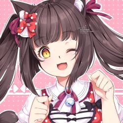 Rule 34 | 1girl, ;3, animal ears, aulyss (aucrowne), bell, blunt bangs, blush, bow, breasts, brown hair, cat ears, cat girl, chocola (nekopara), collar, commentary, dot nose, eyebrows hidden by hair, eyelashes, gem, hair bow, hair ribbon, happy, highres, long hair, looking at viewer, neck bell, nekopara, one eye closed, open mouth, paw panties, pink background, polka dot, polka dot background, polka dot bow, polka dot shirt, puffy short sleeves, puffy sleeves, purple ribbon, red gemstone, red shirt, ribbon, shirt, shirt bow, short sleeves, sidelocks, signature, slit pupils, small breasts, solo, twintails, white collar, yellow eyes