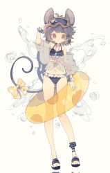 Rule 34 | 1girl, animal ears, bikini, black bikini, blush, closed mouth, collarbone, corrupted twitter file, diving mask, diving mask on head, full body, goggles, goggles on head, grey hair, highres, innertube, jewelry, mouse ears, mouse tail, navel, nazrin, nikorashi-ka, pendant, red eyes, scrunchie, short hair, simple background, slippers, solo, striped bikini, striped clothes, swim ring, swimsuit, tail, touhou, water, white background, wrist scrunchie