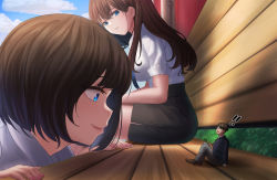 Rule 34 | 1boy, 2girls, absurdres, bench, blue eyes, brown hair, giant, giantess, highres, kuroihassan, long hair, looking at another, mini person, miniboy, multiple girls, short hair, skirt, smile