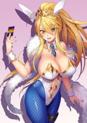 Rule 34 | 1girl, animal ears, artoria pendragon (all), artoria pendragon (fate), artoria pendragon (swimsuit ruler) (fate), bare shoulders, blonde hair, blue necktie, blue pantyhose, blush, braid, breasts, card, clothing cutout, collarbone, detached collar, fake animal ears, fate/grand order, fate (series), feather boa, fishnet pantyhose, fishnets, french braid, green eyes, hair between eyes, highleg, highleg leotard, holster, large breasts, leotard, long hair, looking at viewer, nail polish, navel, navel cutout, necktie, open mouth, pantyhose, pink background, playboy bunny, playing card, ponytail, rabbit ears, sidelocks, smile, solo, tako seijin, thigh strap, thighs, tiara, white leotard, wrist cuffs