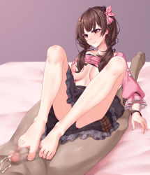 Rule 34 | 1girl, barefoot, breasts, breasts out, brown eyes, brown hair, clothed female nude male, clothes lift, cum, ejaculation, feet, footjob, highres, hololive, long hair, nipples, nude, panties, pantyshot, shirt lift, smile, toes, tokino sora, tokino sora (casual), underwear, virtual youtuber, zellam