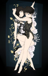 Rule 34 | 2girls, antenna hair, armpits, bare legs, bare shoulders, black background, black hair, blue background, blue eyes, china dress, chinese clothes, dress, dual persona, earrings, female focus, floral background, floral print, high heels, highres, idolmaster, idolmaster (classic), jewelry, kikuchi makoto, looking at viewer, m0401, multiple girls, no panties, short dress, short hair, sleeveless, sleeveless dress, standing, thighs