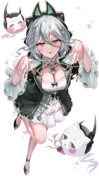 Rule 34 | 1girl, :p, black bow, black footwear, black jacket, blush, bow, braid, breasts, cleavage, closed mouth, commentary request, copyright request, dress, from above, ghost pose, green hair, grey hair, hair between eyes, hair bow, heterochromia, highres, jacket, long hair, looking at viewer, medium breasts, multicolored hair, open clothes, open jacket, petals, purple eyes, red eyes, shoes, short sleeves, simple background, smile, solo, standing, standing on one leg, streaked hair, tongue, tongue out, virtual youtuber, white background, white dress, yayoi maka