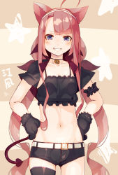 Rule 34 | 10s, 1girl, ahoge, animal ears, animal hands, armlet, asymmetrical bangs, asymmetrical legwear, belt, black gloves, black thighhighs, blush, breasts, camisole, cat ears, character name, collarbone, cowboy shot, demon tail, gloves, grin, hairband, halloween, hands on own hips, heart, heart tail, kantai collection, kawakaze (kancolle), long hair, looking at viewer, meth (emethmeth), micro shorts, midriff, navel, parted lips, paw gloves, purple eyes, red hair, short shorts, shorts, simple background, small breasts, smile, solo, standing, star (symbol), tail, tank top, thighhighs, twintails, uneven legwear, very long hair
