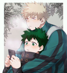 Rule 34 | 2boys, bakugou katsuki, blonde hair, blush, bodysuit, boku no hero academia, border, branch, breath, cellphone, chromatic aberration, commentary, cosplay, costume switch, curly hair, freckles, from side, green bodysuit, green eyes, green hair, grey background, hands up, high collar, highres, holding, holding phone, hug, hug from behind, leaf, leaning back, leaning on person, long sleeves, looking ahead, looking at phone, looking away, male focus, meltnotmelt, midoriya izuku, multiple boys, outside border, parted lips, phone, red eyes, sanpaku, scar, scar on hand, short hair, sideburns, smartphone, spiked hair, symbol-only commentary, twitter username, upper body, white border, yaoi, zipper, zipper pull tab