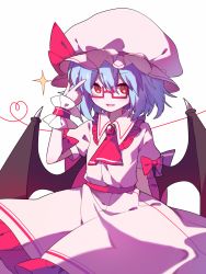 Rule 34 | 1girl, ascot, bat wings, bespectacled, bing zizi, blue hair, bow, brooch, commentary, dress, fang, frilled dress, frilled shirt collar, frills, glasses, hat, hat ribbon, heart, heart of string, highres, jewelry, looking at viewer, mob cap, pink dress, pink hat, pointing, pointing at self, puffy short sleeves, puffy sleeves, red-framed eyewear, red ascot, red bow, red eyes, red ribbon, remilia scarlet, ribbon, semi-rimless eyewear, short hair, short sleeves, simple background, slit pupils, smile, smug, solo, sparkle, string, string of fate, symbol-only commentary, touhou, under-rim eyewear, v-shaped eyebrows, white background, wings, wrist cuffs