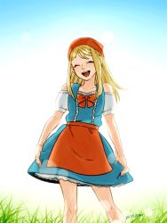 Rule 34 | 1girl, apron, bare shoulders, blonde hair, collarbone, commentary request, dragon quest, dragon quest xi, dramatica, dress, emma (dq11), grass, head scarf, long hair, open mouth, puffy short sleeves, puffy sleeves, short sleeves, smile, solo, straight hair