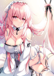 Rule 34 | 1girl, arm support, azur lane, bare shoulders, blush, breasts, cleavage, collarbone, commentary request, crop top, detached collar, detached sleeves, garter belt, hairband, highres, large breasts, long hair, looking at viewer, navel, panties, perseus (azur lane), pink eyes, pink hair, revision, ringo sui, sidelocks, sitting, solo, thighhighs, underwear, very long hair, white hairband, white panties, white thighhighs, wide sleeves