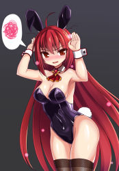 Rule 34 | 1girl, ahoge, animal ears, bare shoulders, blush, breasts, covered navel, detached collar, elesis (elsword), elsword, fake animal ears, gem, highres, leotard, long hair, looking at viewer, medium breasts, nose blush, open mouth, playboy bunny, rabbit ears, rabbit pose, rabbit tail, red eyes, red hair, speech bubble, strapless, strapless leotard, tail, thighhighs, very long hair, wrist cuffs, zetsuei (zetto)