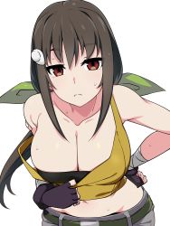 Rule 34 | 1girl, aged up, bandaid, bandaid on arm, bare shoulders, belt, black gloves, breasts, brown eyes, cleavage, clothes pull, collarbone, fingerless gloves, frown, gloves, green ribbon, hachikuji mayoi, hair ribbon, kabukimonogatari, kuro mushi, large breasts, leaning forward, looking at viewer, low ponytail, midriff, monogatari (series), ribbon, shirt pull, simple background, solo, tank top, thick eyebrows, upper body, white background