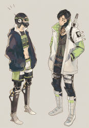 Rule 34 | 2boys, apex legends, beige background, black hair, black headwear, black jacket, black pants, black shirt, cropped vest, crypto (apex legends), cyborg, goggles, green shorts, green sleeves, green vest, grey background, grey jacket, hands in pockets, head tilt, jacket, looking at another, male focus, mask, mechanical legs, midriff, momonga (mmng5), mouth mask, multiple boys, navel, octane (apex legends), pants, prosthesis, prosthetic leg, science fiction, shirt, shorts, standing, vest