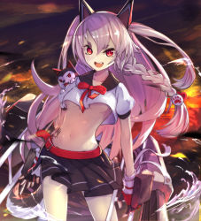 Rule 34 | &gt;:d, 1girl, :d, animal ears, azur lane, black gloves, breasts, commentary request, dog, fake animal ears, fingerless gloves, gloves, looking at viewer, machinery, minutachi, navel, open mouth, pleated skirt, red eyes, school uniform, serafuku, silver hair, skirt, smile, tattoo, turret, underboob, v-shaped eyebrows, wolf tail, yuudachi (azur lane)