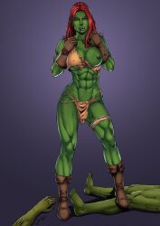 Rule 34 | 1girl, abs, blood, boots, colored skin, female orc, fighting stance, gloves, green skin, lazgar (kitbashstudios), muscular, muscular female, one breast out, orc, red hair, tusks