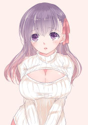 Rule 34 | 1girl, bad id, bad pixiv id, breasts, cleavage, fate/stay night, fate (series), hair ribbon, highres, large breasts, long hair, matou sakura, meme attire, open-chest sweater, parted lips, pink background, purple eyes, purple hair, ribbed sweater, ribbon, ro96cu, roku, solo, sweater, turtleneck