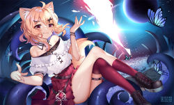 Rule 34 | 1girl, animal ears, asymmetrical legwear, bare shoulders, black footwear, blonde hair, bug, butterfly, cat ears, cat girl, cat tail, crossed legs, full body, hair ornament, insect, off-shoulder shirt, off shoulder, planet, pleated skirt, red eyes, red skirt, red thighhighs, shirt, short hair, short sleeves, shyrei faolan, single thighhigh, sitting, skirt, smile, squchan, tail, tentacles, thighhighs, uneven legwear, virtual youtuber, vyugen, white shirt, x hair ornament