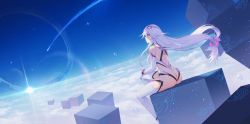 Rule 34 | 1girl, ass, blue sky, breasts, cloud, day, elbow gloves, gloves, gu tao, hair between eyes, highres, large breasts, lens flare, leotard, long hair, low-tied long hair, official art, outdoors, pink eyes, profile, reina (xipuria), revealing clothes, scenery, shooting star, sidelocks, sitting, sky, sky diver xipuria, solo, sunlight, thighhighs, thong, thong leotard, very long hair, water drop, white gloves, white hair, white thighhighs