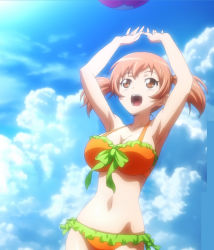 Rule 34 | 1girl, :d, anime screencap, ball, beach, beachball, bikini, breasts, brown eyes, brown hair, cleavage, cloud, curvy, happy, hataraku maou-sama!, highres, large breasts, navel, open mouth, sasaki chiho, screencap, short hair, smile, solo, stitched, swimsuit, third-party edit, twintails, water