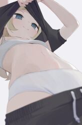 1girl black_shirt black_shorts blonde_hair blue_eyes bra closed_mouth clothes_lift clothes_pull flat_chest grey_background highres hiroki_(yyqw7151) lifting_own_clothes long_hair original panties shirt shirt_lift shorts shorts_pull simple_background smile solo underwear white_bra white_panties