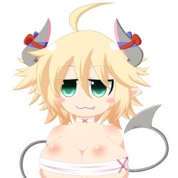 Rule 34 | 1girl, :3, blonde hair, blush, breasts, choker, cleavage, demon girl, demon horns, demon tail, eyes visible through hair, fang, green eyes, horn ornament, horn ribbon, horns, rami (mon-musu quest!), large breasts, looking at viewer, mon-musu quest!, pokumii, rami (mon-musu quest!), ribbon, shirt, short hair, smile, solo, standing, strapless, tail, transparent background, tube top, upper body, white shirt