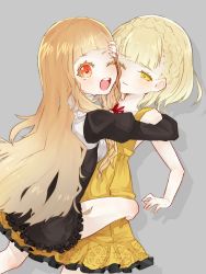 Rule 34 | 2girls, :d, black dress, blonde hair, braid, briar rose (sinoalice), closed mouth, dress, grey background, hair between eyes, hand on another&#039;s head, highres, hug, kouka0513, long hair, long sleeves, looking at viewer, multiple girls, one eye closed, open mouth, red eyes, red riding hood (sinoalice), short hair, simple background, sinoalice, sleeveless, smile, teeth, yellow dress, yellow eyes