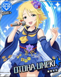 Rule 34 | 10s, 1girl, artist request, bare shoulders, blonde hair, blue dress, card (medium), character name, collarbone, detached sleeves, dress, floral print, flower, gem (symbol), green eyes, hair flower, hair ornament, holding, idolmaster, idolmaster cinderella girls, japanese clothes, looking at viewer, microphone, music, official art, open mouth, sailor collar, short hair, singing, smile, solo, umeki otoha