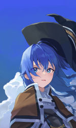 Rule 34 | 1girl, absurdres, ahoge, black hat, blue eyes, blue hair, blue sky, brown cape, cape, cloud, floating hair, hair between eyes, hat, highres, long hair, looking at viewer, mushoku tensei, open mouth, roxy migurdia, sky, solo, starshell, upper body, witch hat