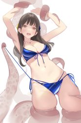 Rule 34 | 1girl, ama mitsuki, arms up, bikini, blue bikini, blush, breasts, brown eyes, brown hair, cleavage, commentary request, front-tie top, gluteal fold, highres, jewelry, long hair, looking at viewer, medium breasts, navel, necklace, octopus, open mouth, original, restrained, side-tie bikini bottom, stomach, swimsuit, tentacles