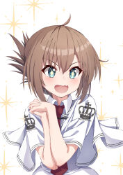 Rule 34 | + +, 1girl, :d, ahoge, aqua eyes, blush, brown hair, capelet, collared shirt, commentary request, cross print, crown print, eyelashes, eyes visible through hair, fang, floating clothes, folded ponytail, hair between eyes, hair ornament, hairclip, hands up, highres, interlocked fingers, looking at viewer, matsu520, medium hair, necktie, open mouth, own hands together, red necktie, shirt, simple background, skin fang, smile, solo, sparkle, subarashiki hibi, tachibana kimika, upper body, v-shaped eyebrows, white background, white capelet, white shirt