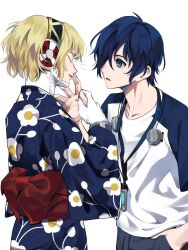 Rule 34 | 1boy, 1girl, aegis (persona), alternate costume, android, blonde hair, blue eyes, blue hair, blue kimono, blue pants, closed eyes, elulit2, floral print, hair over one eye, hairband, hand in pocket, hand on another&#039;s face, highres, holding hands, japanese clothes, kimono, looking at another, obi, one eye covered, pants, persona, persona 3, pocket, print kimono, raglan sleeves, robot ears, sash, shirt, short hair, short sleeves, simple background, smile, white background, white shirt, wide sleeves, yukata, yuuki makoto (persona 3)