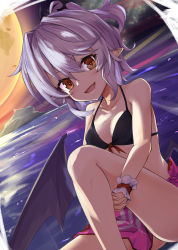 Rule 34 | 1girl, akisome hatsuka, alternate costume, alternate hairstyle, bat wings, bikini, black bikini, breasts, collarbone, commentary request, dutch angle, fang, feet out of frame, front-tie bikini top, front-tie top, full moon, hair between eyes, halterneck, hugging own legs, interlocked fingers, island, knee up, looking at viewer, medium breasts, moon, night, ocean, open mouth, outdoors, own hands together, pointy ears, purple hair, red eyes, remilia scarlet, sarong, short hair, short ponytail, skin fang, slit pupils, solo, string bikini, swimsuit, touhou, wings, wrist cuffs