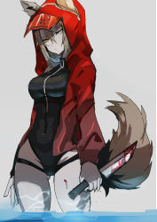 Rule 34 | 1girl, absurdres, animal ears, arknights, black one-piece swimsuit, blood, bloody knife, breasts, chuhaibane, covered navel, cowboy shot, ears through headwear, gluteal fold, grey background, grey hair, hair between eyes, highleg, highleg swimsuit, highres, holding, holding knife, hood, hood up, hooded jacket, jacket, knife, large breasts, official alternate costume, one-piece swimsuit, projekt red (arknights), projekt red (light breeze) (arknights), simple background, solo, swimsuit, tail, wading, water, wolf ears, wolf girl, wolf tail, yellow eyes, zipper pull tab