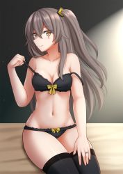 Rule 34 | 1girl, bare arms, bare shoulders, black bra, black panties, black thighhighs, blush, bow, bow bra, bow panties, bra, breasts, brown eyes, brown hair, cleavage, closed mouth, collarbone, commentary, girls&#039; frontline, groin, hair between eyes, hair ornament, highres, jewelry, kazenokaze, long hair, looking at viewer, medium breasts, navel, one side up, ornate ring, panties, pulling own clothes, ring, scar, scar across eye, scar on face, sitting, smile, solo, strap slip, thighhighs, ump45 (girls&#039; frontline), underwear, underwear only, very long hair, wedding band, yellow bow