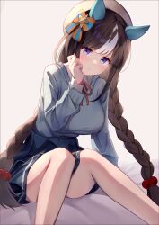 Rule 34 | 1girl, absurdres, animal ears, beret, blue skirt, blue sweater, blunt bangs, blush, braid, breasts, brown hair, commentary, ear covers, hat, highres, hokko tarumae (umamusume), horse ears, horse girl, large breasts, long hair, looking at viewer, multicolored hair, neck ribbon, pleated skirt, purple eyes, red ribbon, ribbon, sailor hat, sitting, skirt, solo, sweater, twin braids, umamusume, white hat, yamada auto