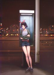 Rule 34 | 1girl, ankle socks, blue eyes, bob cut, city lights, cityscape, closed mouth, commentary, crossed arms, english commentary, english text, full body, hair ornament, highres, leaning on object, long sleeves, looking at viewer, mark simonov, midriff peek, night, original, outdoors, phone booth, purple hair, shoes, short hair, short shorts, shorts, singlet, skyline, sneakers, socks, solo, sweater