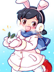 Rule 34 | 1girl, alternate costume, animal ears, artist logo, black hair, blue background, blue scarf, boots, breath, brown eyes, coat, dated, feet out of frame, fur-trimmed boots, fur-trimmed coat, fur trim, gradient background, hiburi (kancolle), kantai collection, kutone shirika, low ponytail, pantyhose, rabbit ears, red footwear, scarf, short hair, snow rabbit, solo, white coat, white pantyhose