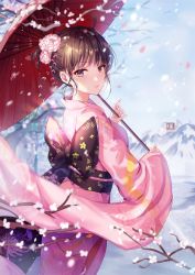 Rule 34 | 1girl, ahoge, black bow, blue sky, blurry, blurry foreground, bow, branch, brown bow, brown eyes, brown hair, chrysanthemum print, commentary request, day, depth of field, fate/grand order, fate (series), floral print, flower, hair flower, hair ornament, highres, holding, holding umbrella, japanese clothes, kara no kyoukai, kimono, long sleeves, looking at viewer, looking back, obi, oil-paper umbrella, outdoors, parted lips, petals, pink flower, pink kimono, red umbrella, ryougi shiki, ryougi shiki (second ascension), sash, shanguier, sidelocks, sky, sleeves past wrists, snow, snowing, solo, standing, umbrella, wide sleeves