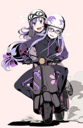 Rule 34 | 2girls, :d, fate/stay night, fate (series), glasses, gloves, helmet, himura kiseki, long hair, low-tied long hair, matou sakura, medusa (fate), medusa (rider) (fate), motor vehicle, motorcycle, multiple girls, multiple riders, open mouth, pink background, purple eyes, purple hair, riding, scooter, simple background, smile, smirk, square pupils, vehicle, very long hair, vespa