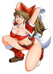 Rule 34 | 1girl, alternate costume, arms behind head, arms up, ass, belt, blue eyes, boots, bow, bra, breasts, brown hair, christmas, cleavage, cropped jacket, full body, hair bow, highres, huge breasts, kneeling, long hair, looking at viewer, m.u.g.e.n, midriff, navel, oggy (oggyoggy), on one knee, open mouth, original, ponytail, red bow, ryuko (oggyoggy), sack, santa costume, shorts, smile, solo, strapless, strapless bra, thighs, triangle mouth, underwear