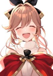 Rule 34 | 1girl, ^^^, aoi (kirabosi105), bare shoulders, blush, bow, brown hair, clarisse (granblue fantasy), closed eyes, facing viewer, granblue fantasy, hair bow, highres, long hair, open mouth, simple background, sleeveless, sleeveless sweater, smile, solo, sweater, teeth, turtleneck, turtleneck sweater, upper body, upper teeth only, v arms, white background, white sweater